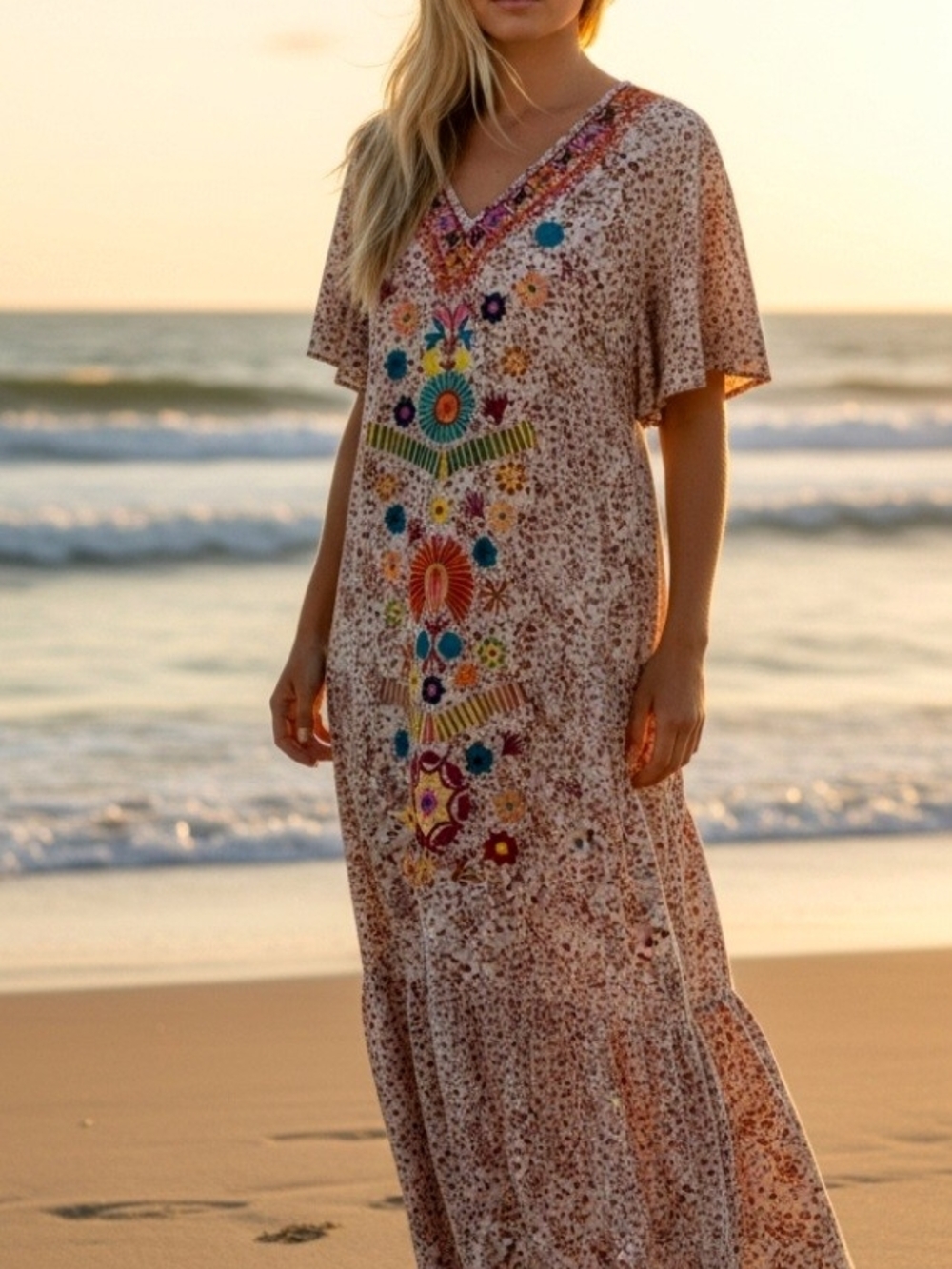 See And Be Seen Embroidered Boho Maxi Dress in Beige Floral